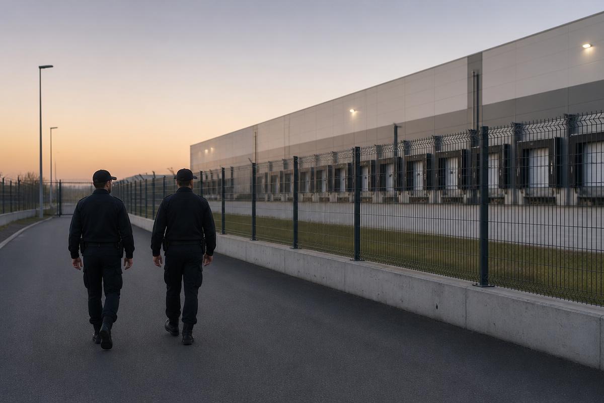 Deux agents de sécurité effectuant une ronde le long de la clôture d'un entrepôt logistique au lever du jour