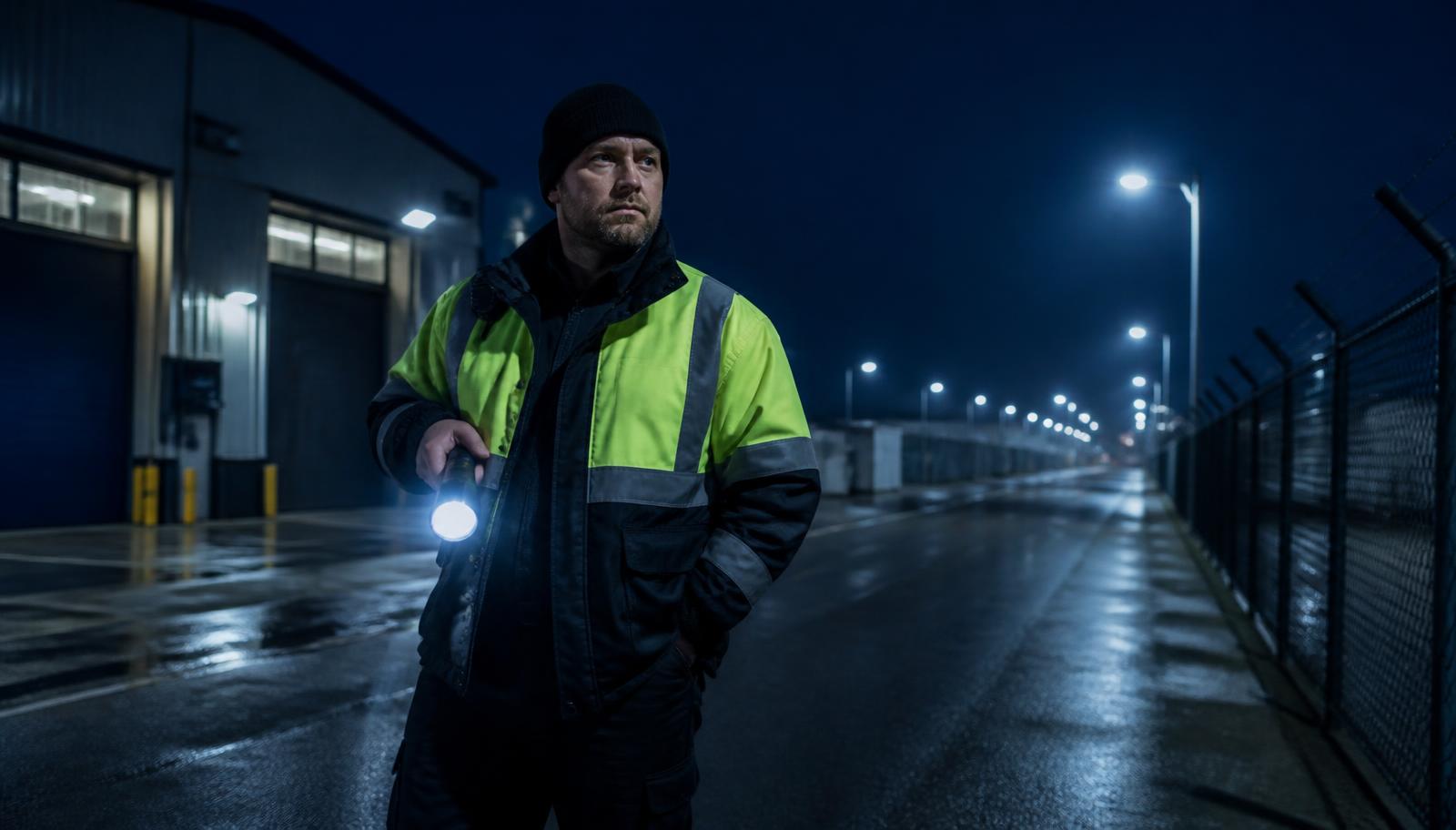 Agent de sécurité privée en ronde de nuit devant un site industriel